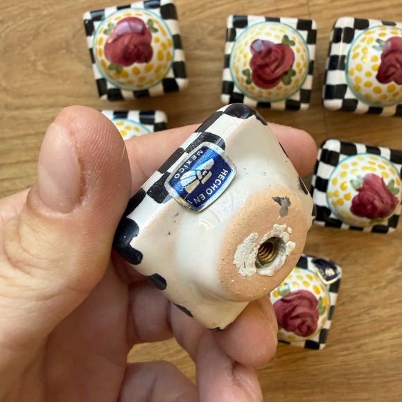 Set of 8 Mackenzie Childs Rose Petit Square Cabinet Knobs and Drawer Pulls 1.5